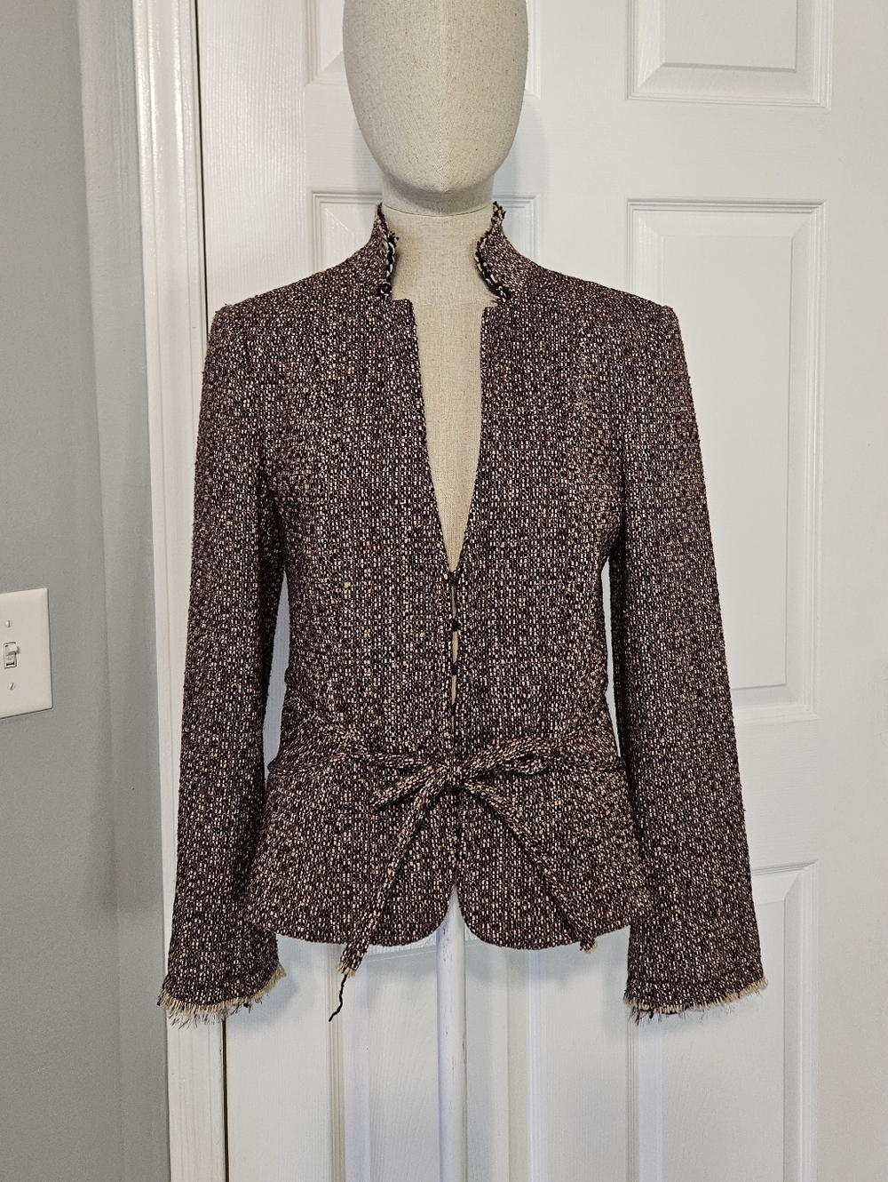 Zara Maroon Textured Knit Waist-Tie Blazer